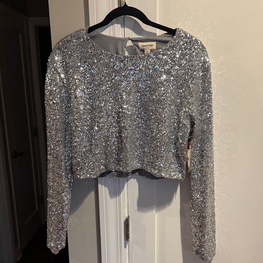 Open Edit Silver Sequin Long-Sleeve Crop Top